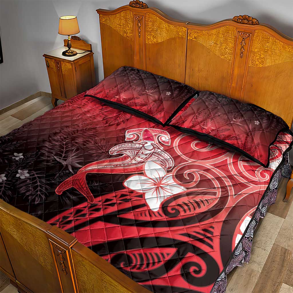 Polynesia Hammerhead Shark Quilt Bed Set Red Tribal Pattern With Plumeria LT05 - Polynesian Pride