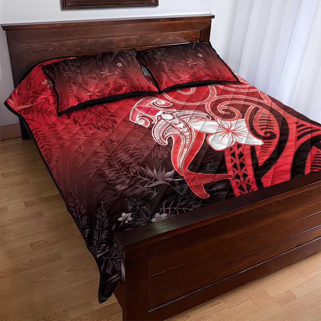 Polynesia Hammerhead Shark Quilt Bed Set Red Tribal Pattern With Plumeria LT05 - Polynesian Pride