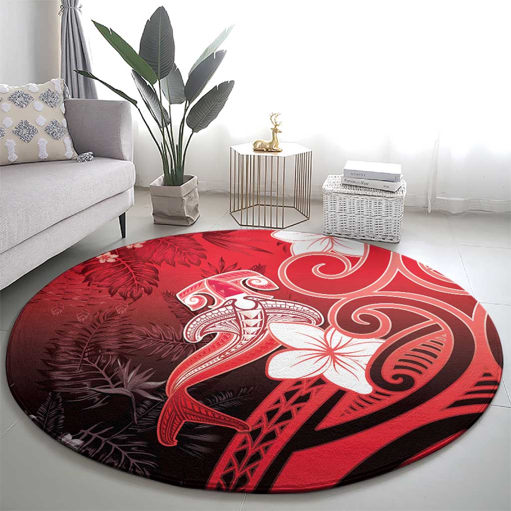 Polynesia Hammerhead Shark Round Carpet Red Tribal Pattern With Plumeria LT05 - Polynesian Pride