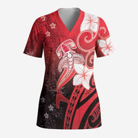 Polynesia Hammerhead Shark Scrub Top Red Tribal Pattern With Plumeria LT05 Adult Red - Polynesian Pride