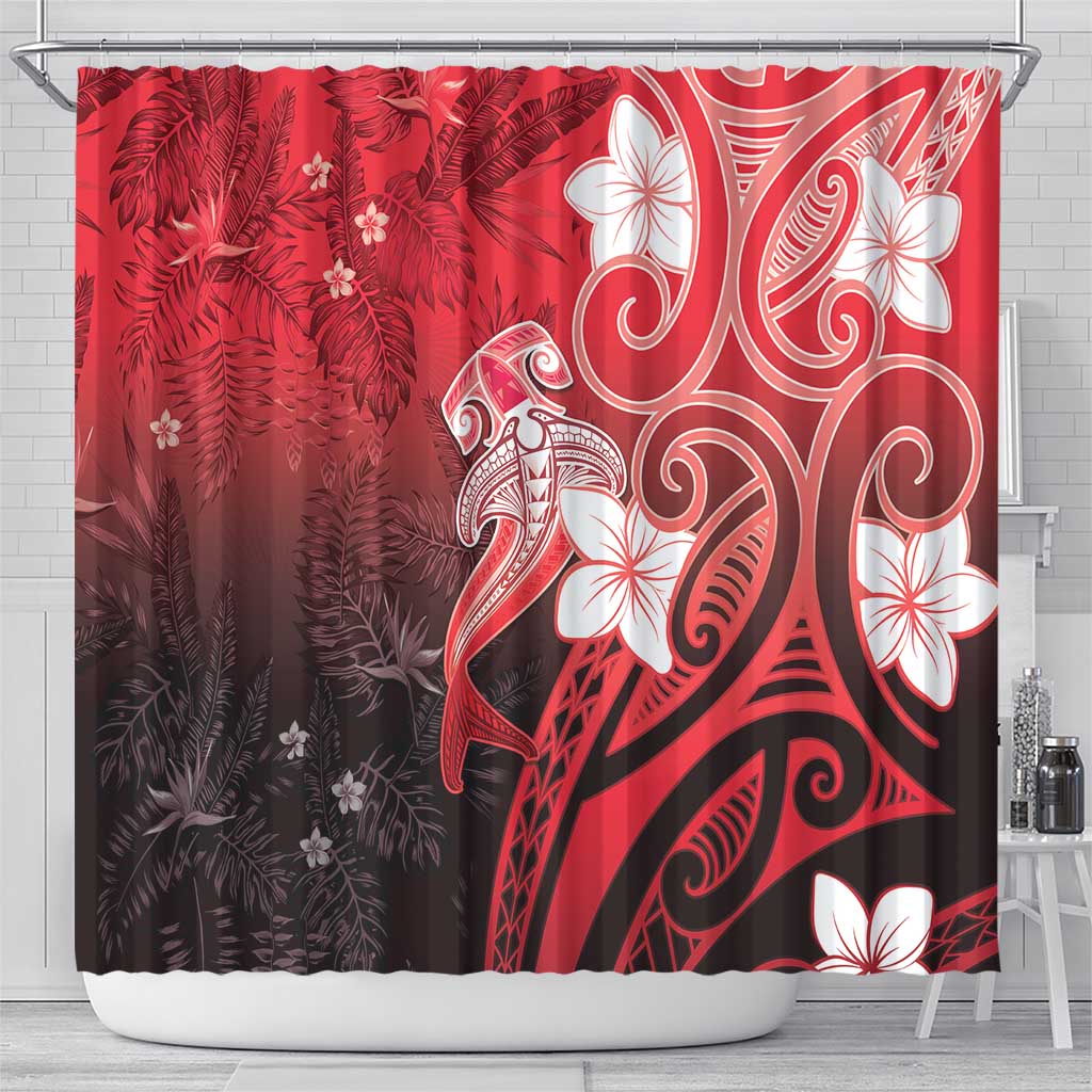 Polynesia Hammerhead Shark Shower Curtain Red Tribal Pattern With Plumeria LT05 - Polynesian Pride