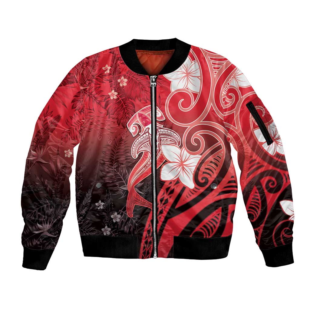 Polynesia Hammerhead Shark Sleeve Zip Bomber Jacket Red Tribal Pattern With Plumeria LT05 Unisex Red - Polynesian Pride