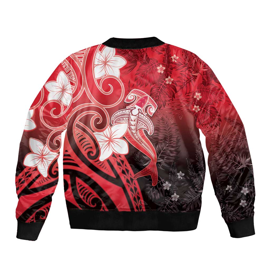 Polynesia Hammerhead Shark Sleeve Zip Bomber Jacket Red Tribal Pattern With Plumeria LT05 - Polynesian Pride