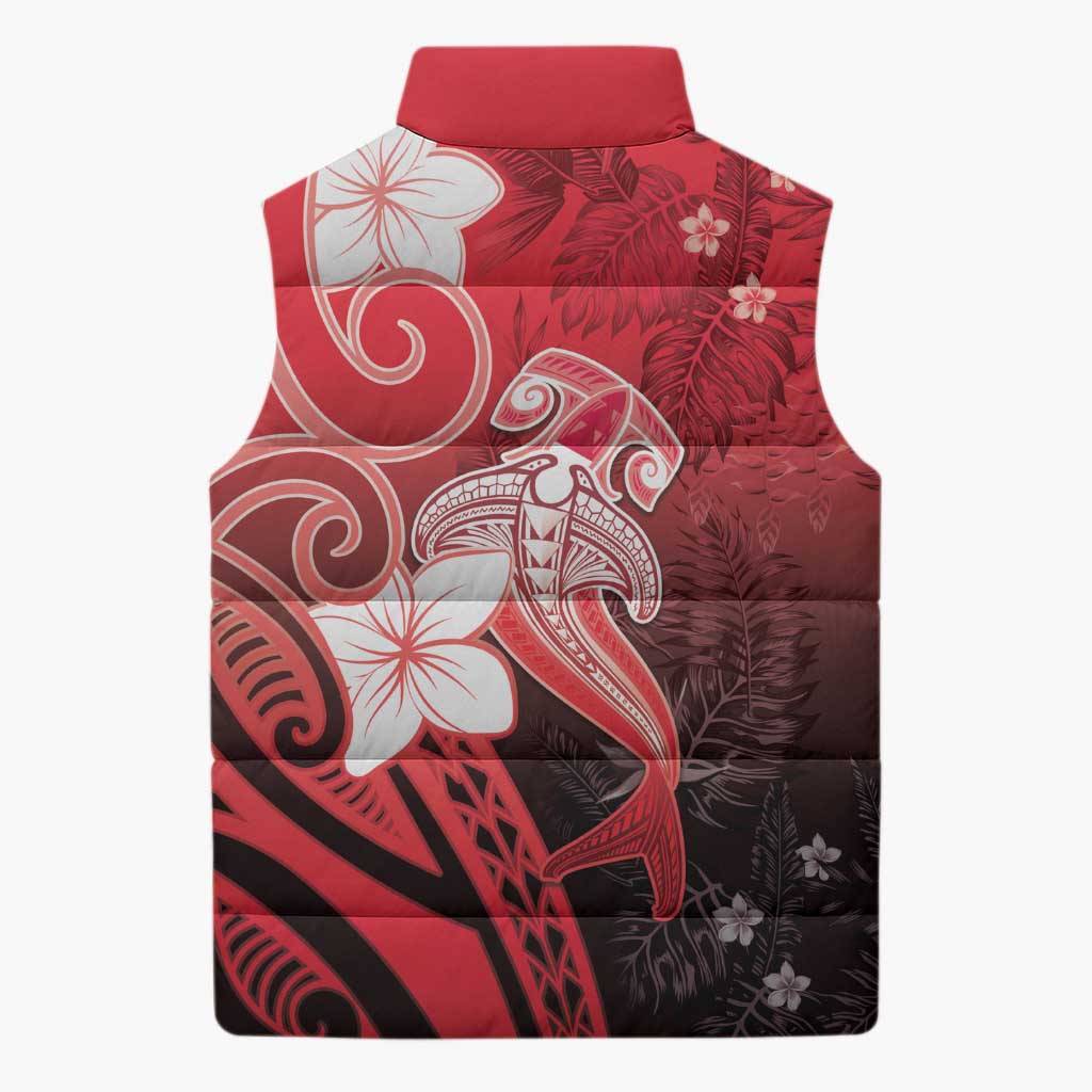 Polynesia Hammerhead Shark Sleeveless Puffer Jacket Red Tribal Pattern With Plumeria LT05 - Polynesian Pride