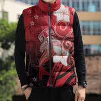 Polynesia Hammerhead Shark Sleeveless Puffer Jacket Red Tribal Pattern With Plumeria LT05 - Polynesian Pride