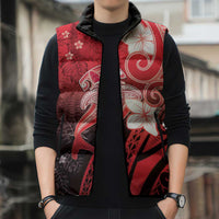 Polynesia Hammerhead Shark Sleeveless Puffer Jacket Red Tribal Pattern With Plumeria LT05 - Polynesian Pride