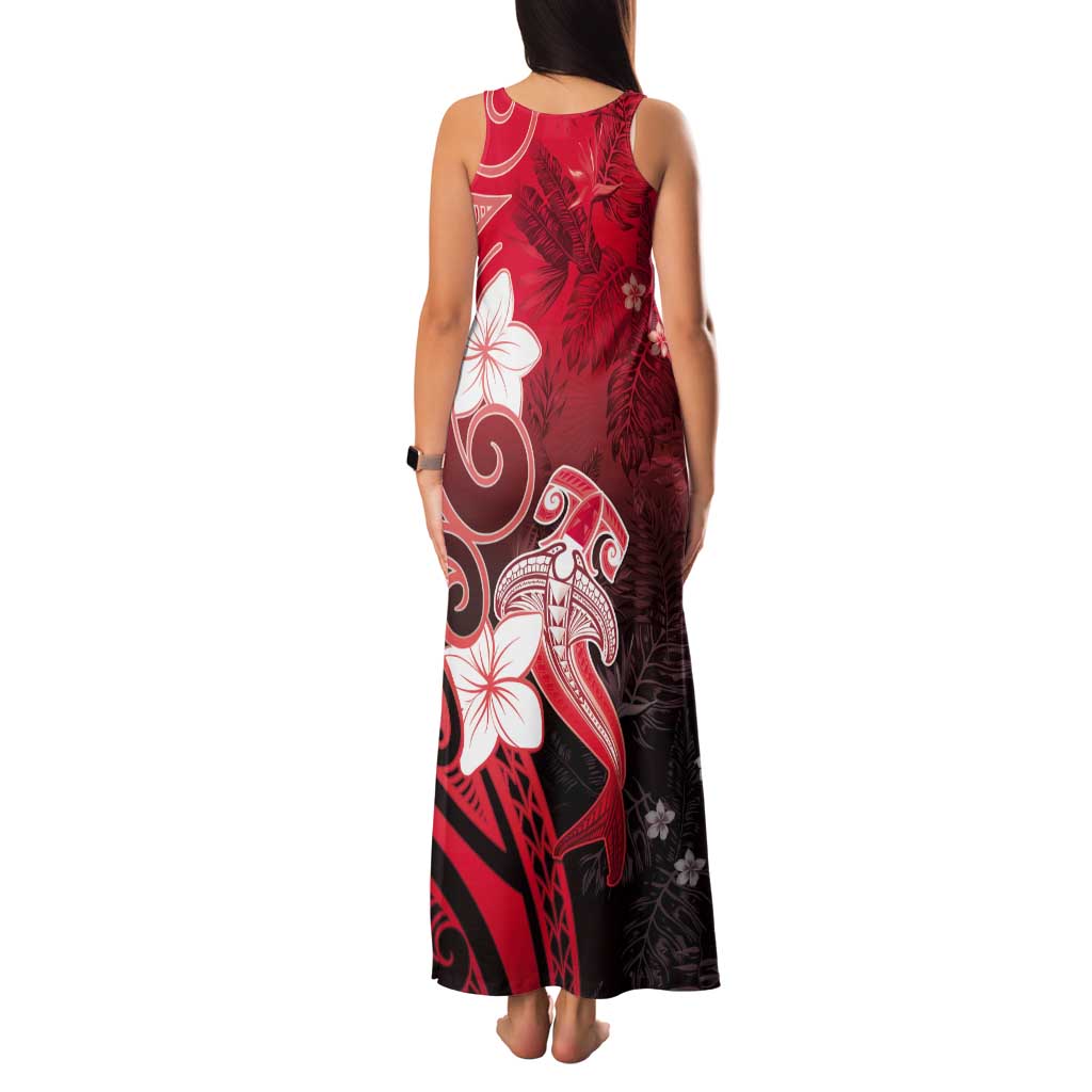 Polynesia Hammerhead Shark Tank Maxi Dress Red Tribal Pattern With Plumeria LT05 - Polynesian Pride