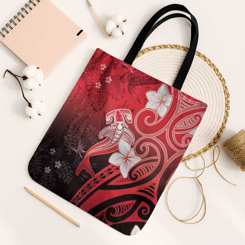Polynesia Hammerhead Shark Tote Bag Red Tribal Pattern With Plumeria LT05 Black Strap One Size Red - Polynesian Pride