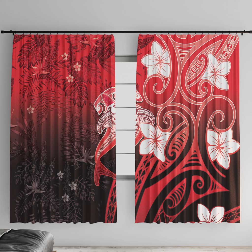 Polynesia Hammerhead Shark Window Curtain Red Tribal Pattern With Plumeria LT05 With Hooks Red - Polynesian Pride