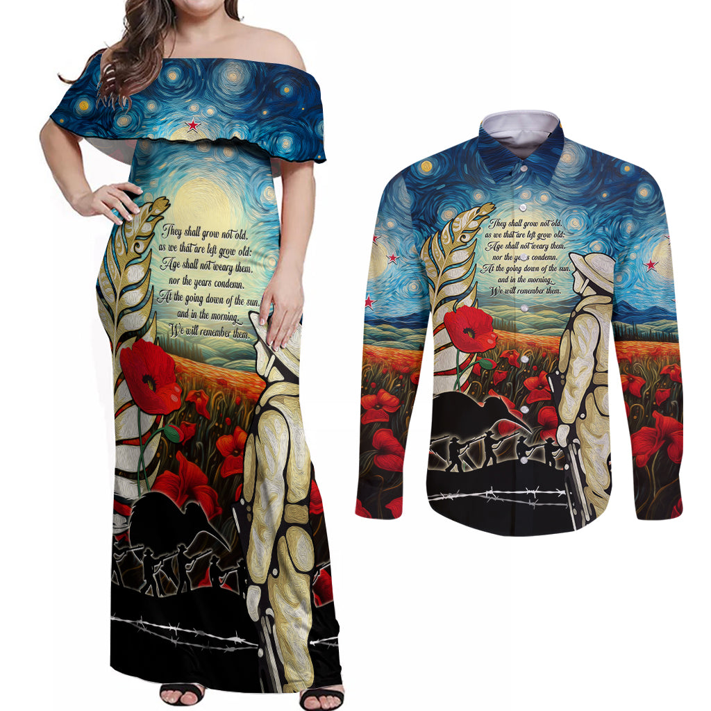 Kei Wareware Tatou New Zealand ANZAC Day Couples Matching Off Shoulder Maxi Dress and Long Sleeve Button Shirt Starry Night Inspo Style LT05 Blue - Polynesian Pride