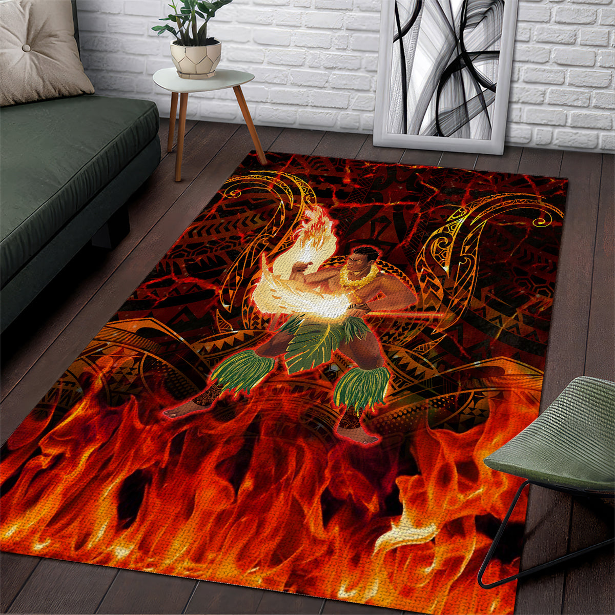 Samoa Siva Afi Festival Area Rug Fire Knife Dancing LT05 Green - Polynesian Pride
