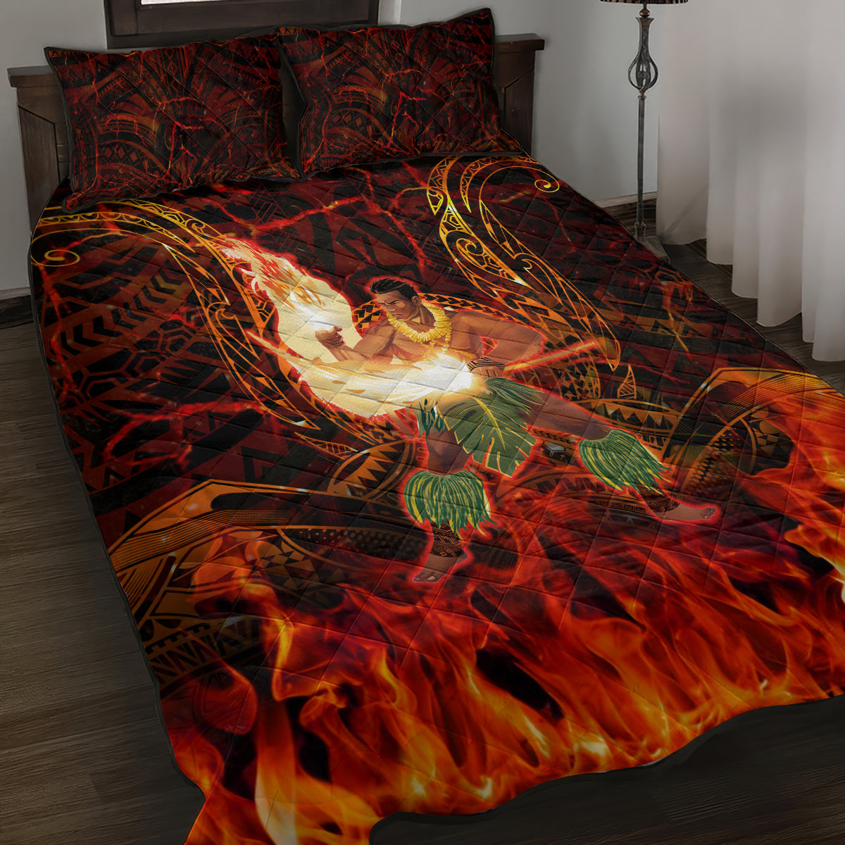 Samoa Siva Afi Festival Quilt Bed Set Fire Knife Dancing LT05 Green - Polynesian Pride