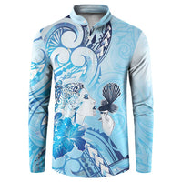 Aotearoa Maori Wahine Button Sweatshirt Fantail Bird Blue Gold Marble LT05 Blue - Polynesian Pride