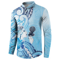 Aotearoa Maori Wahine Button Sweatshirt Fantail Bird Blue Gold Marble LT05 - Polynesian Pride
