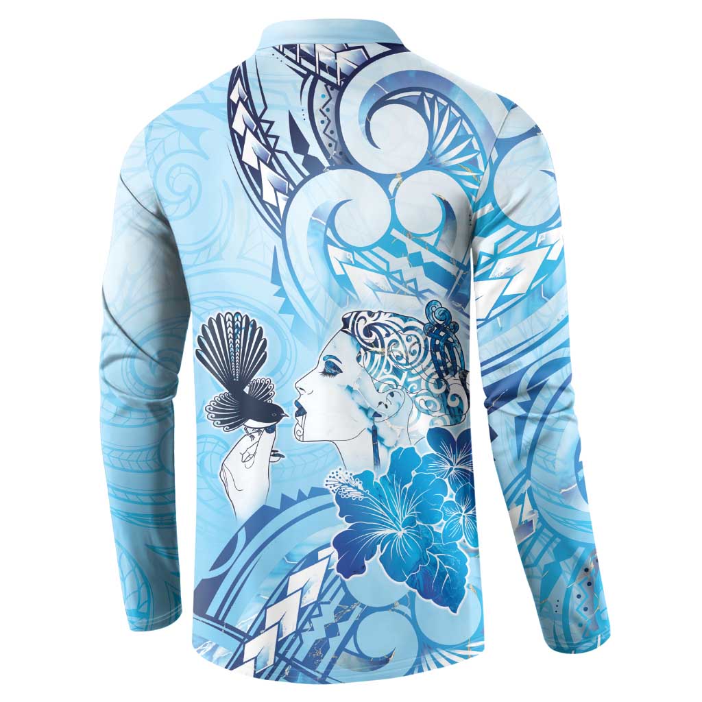 Aotearoa Maori Wahine Button Sweatshirt Fantail Bird Blue Gold Marble LT05 - Polynesian Pride