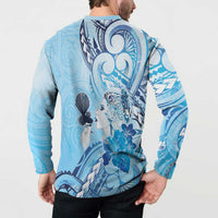 Aotearoa Maori Wahine Button Sweatshirt Fantail Bird Blue Gold Marble LT05 - Polynesian Pride