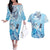 Aotearoa Maori Wahine Couples Matching Off The Shoulder Long Sleeve Dress and Hawaiian Shirt Fantail Bird Blue Gold Marble