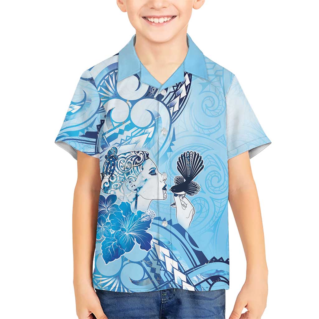 Aotearoa Maori Wahine Hawaiian Shirt Fantail Bird Blue Gold Marble LT05 - Polynesian Pride