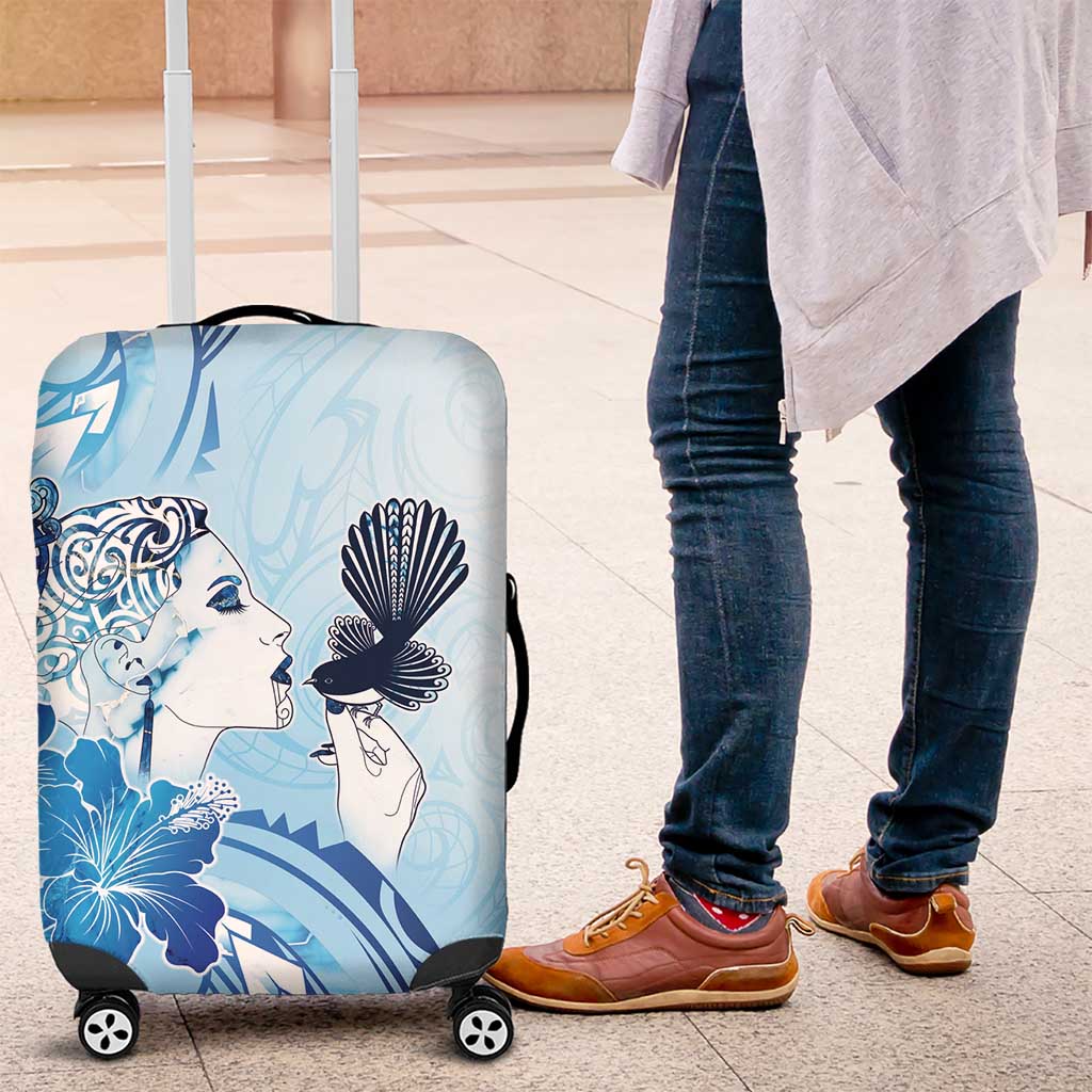 Aotearoa Maori Wahine Luggage Cover Fantail Bird Blue Gold Marble