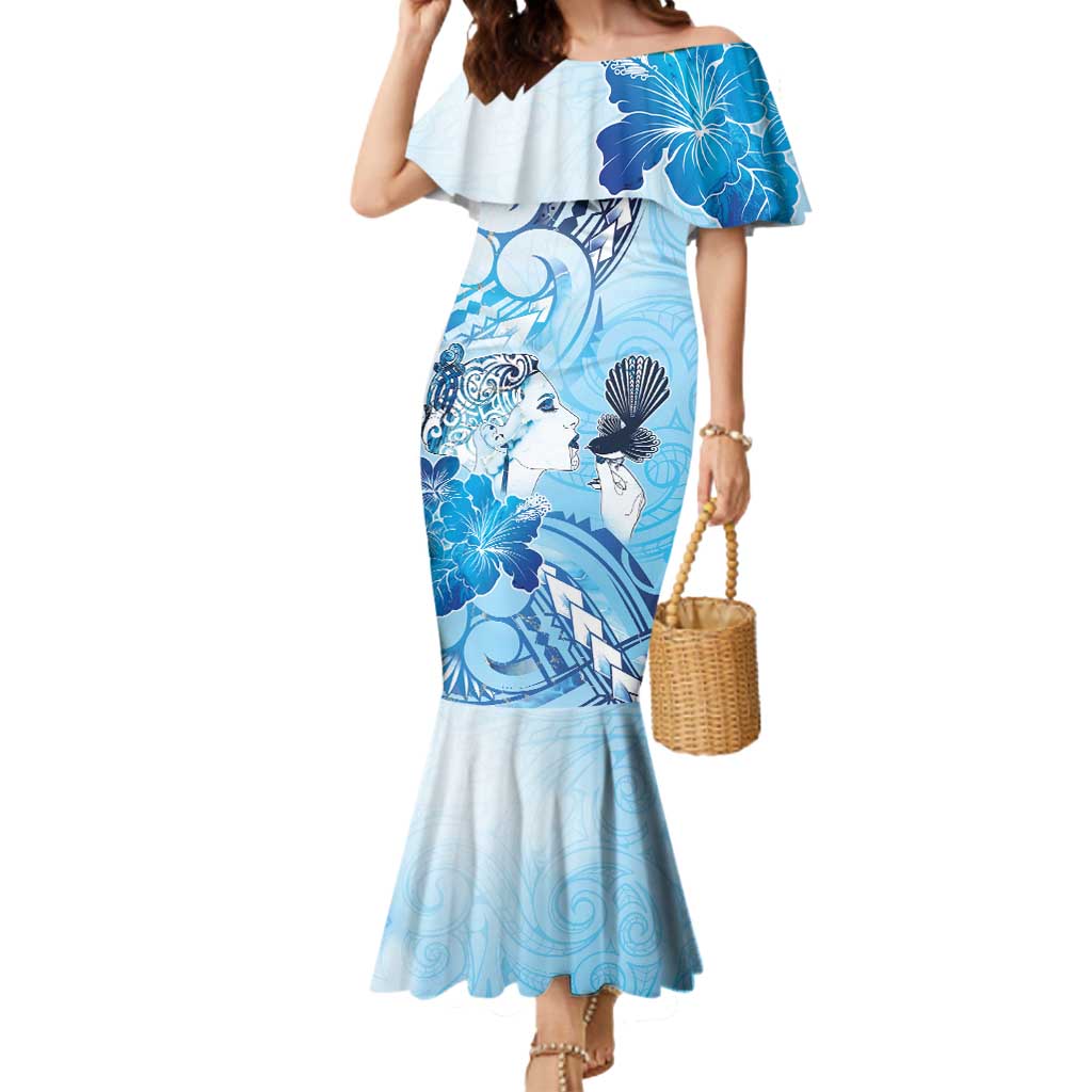 Aotearoa Maori Wahine Mermaid Dress Fantail Bird Blue Gold Marble