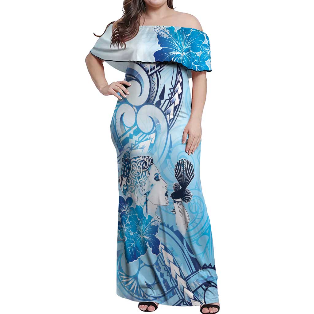 Aotearoa Maori Wahine Off Shoulder Maxi Dress Fantail Bird Blue Gold Marble