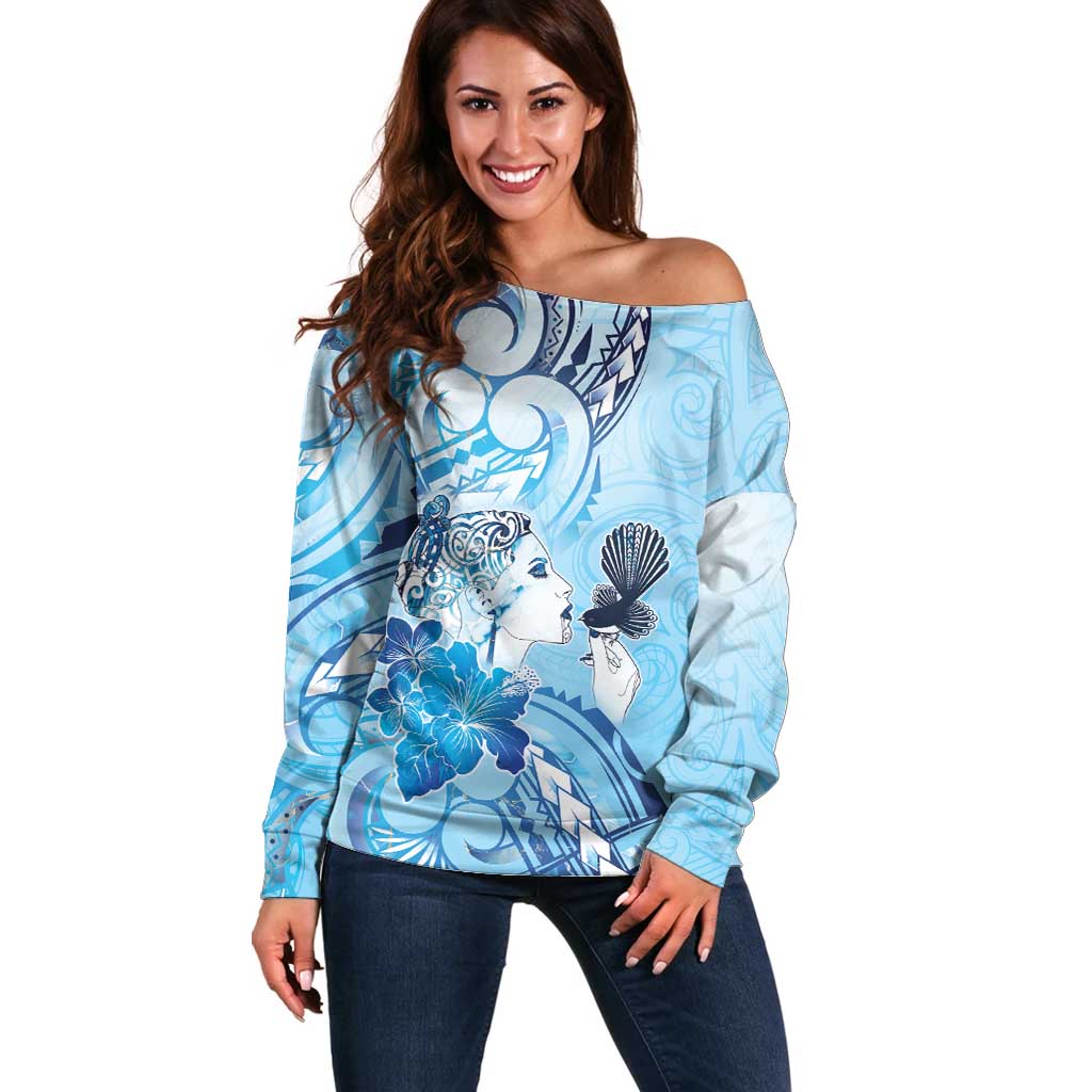 Aotearoa Maori Wahine Off Shoulder Sweater Fantail Bird Blue Gold Marble