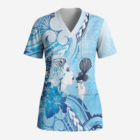 Aotearoa Maori Wahine Scrub Top Fantail Bird Blue Gold Marble LT05 Adult Blue - Polynesian Pride