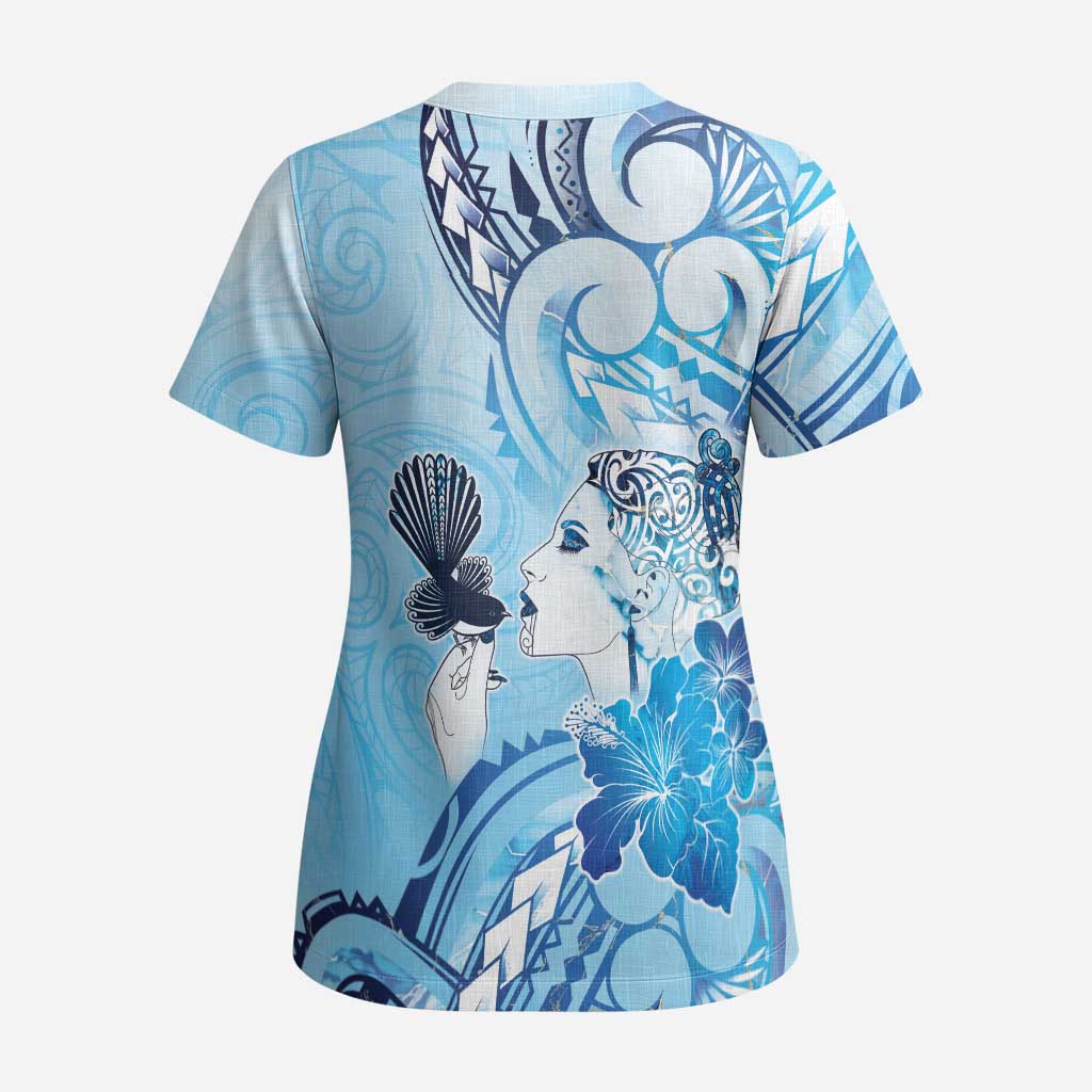 Aotearoa Maori Wahine Scrub Top Fantail Bird Blue Gold Marble LT05 - Polynesian Pride
