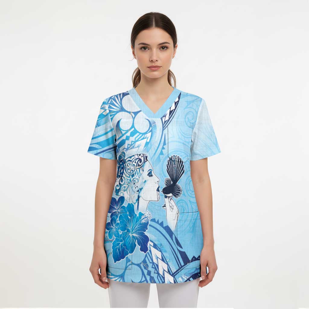 Aotearoa Maori Wahine Scrub Top Fantail Bird Blue Gold Marble LT05 - Polynesian Pride