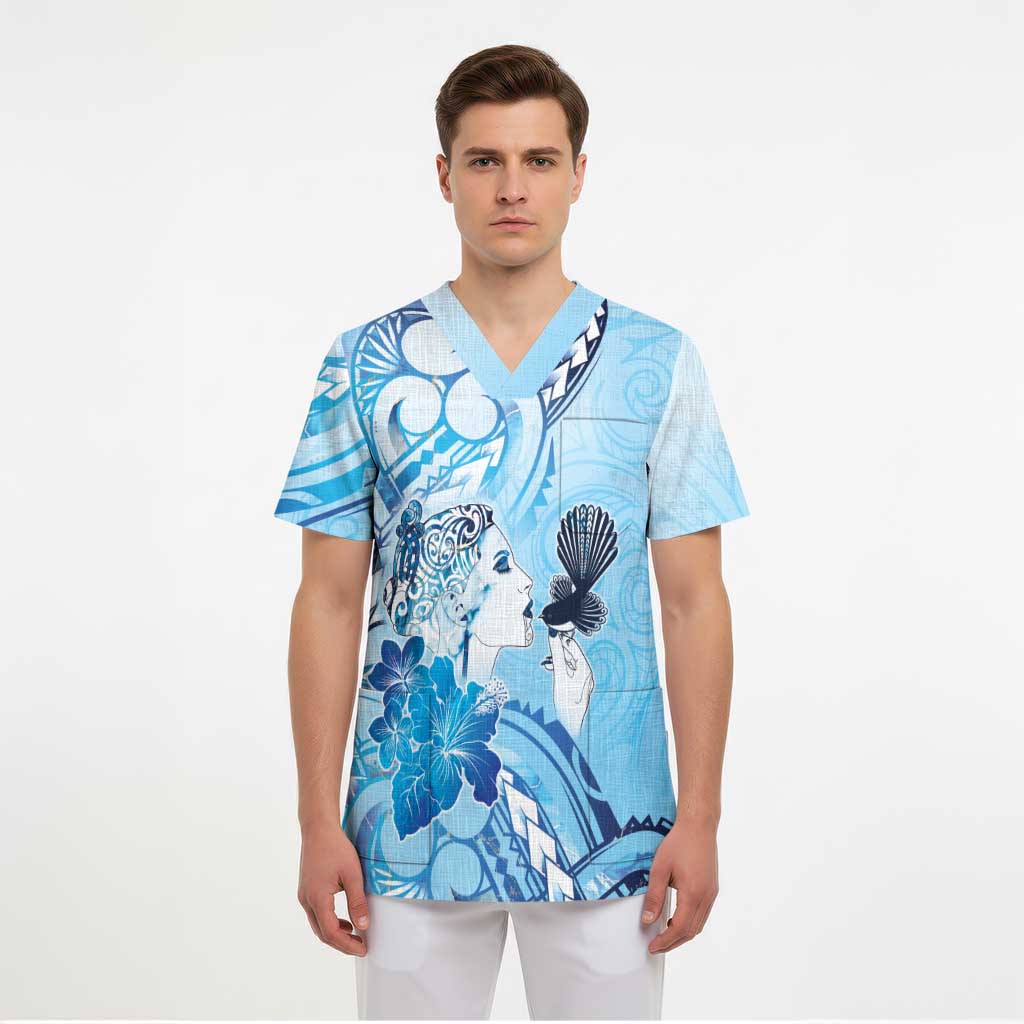 Aotearoa Maori Wahine Scrub Top Fantail Bird Blue Gold Marble LT05 - Polynesian Pride