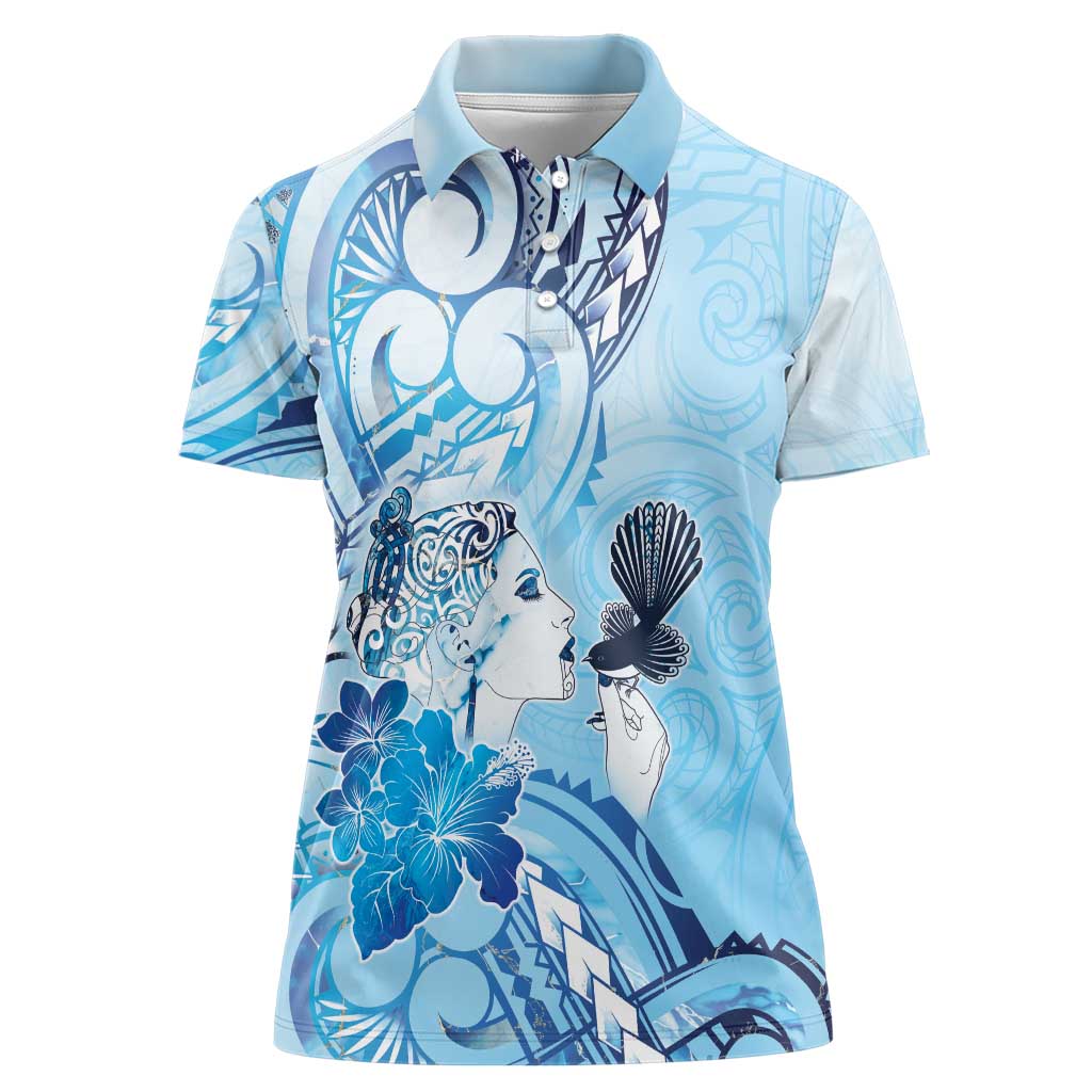 Aotearoa Maori Wahine Women Polo Shirt Fantail Bird Blue Gold Marble