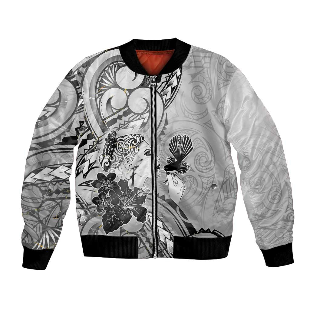 Aotearoa Maori Wahine Bomber Jacket Fantail Bird Black Gold Marble LT05 Unisex Black - Polynesian Pride