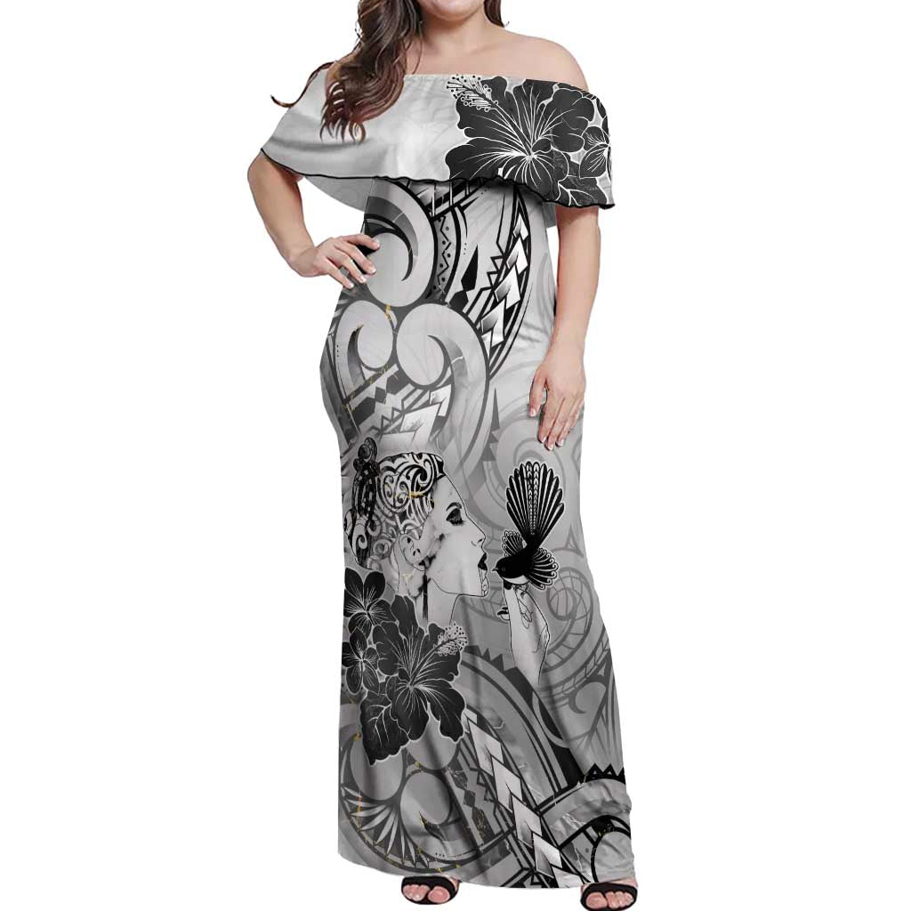 Aotearoa Maori Wahine Off Shoulder Maxi Dress Fantail Bird Black Gold Marble