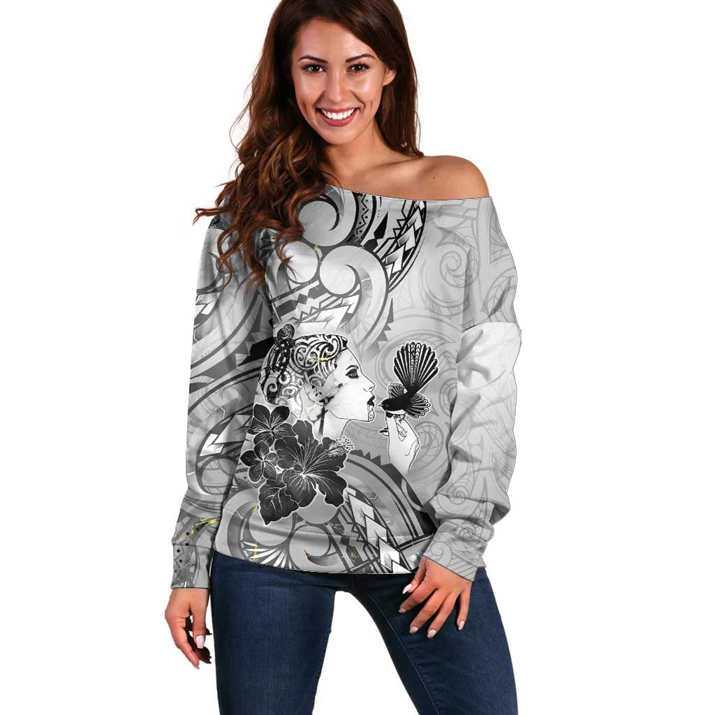 Aotearoa Maori Wahine Off Shoulder Sweater Fantail Bird Black Gold Marble LT05 Women Black - Polynesian Pride
