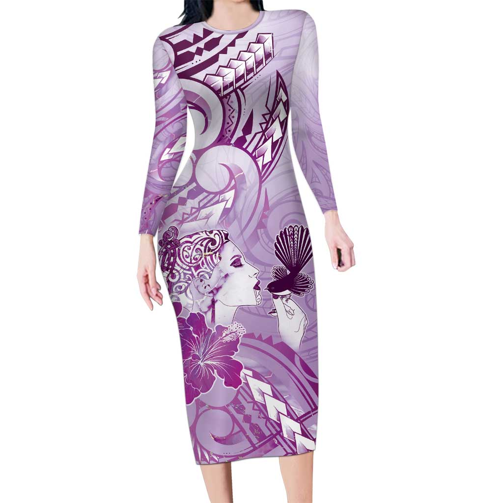 Aotearoa Maori Wahine Long Sleeve Bodycon Dress Fantail Bird Purple Gold Marble