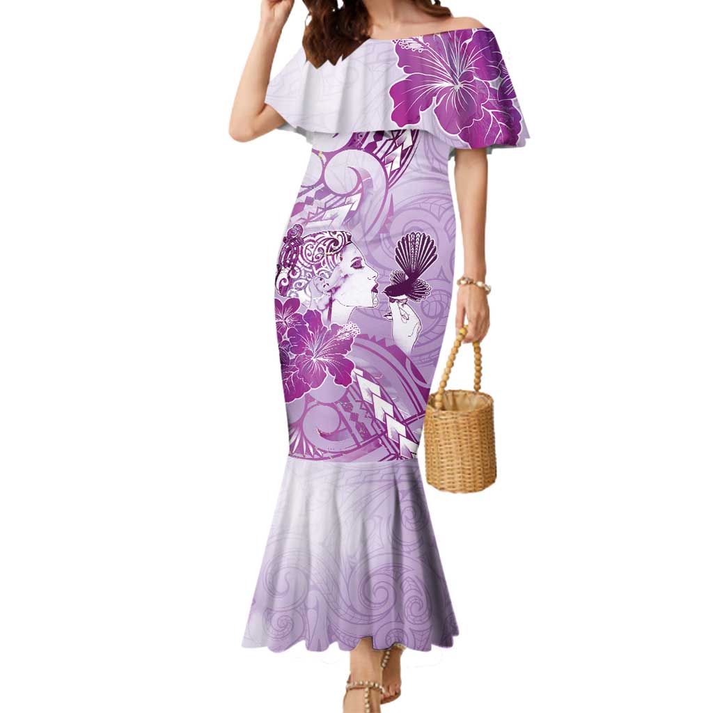 Aotearoa Maori Wahine Mermaid Dress Fantail Bird Purple Gold Marble