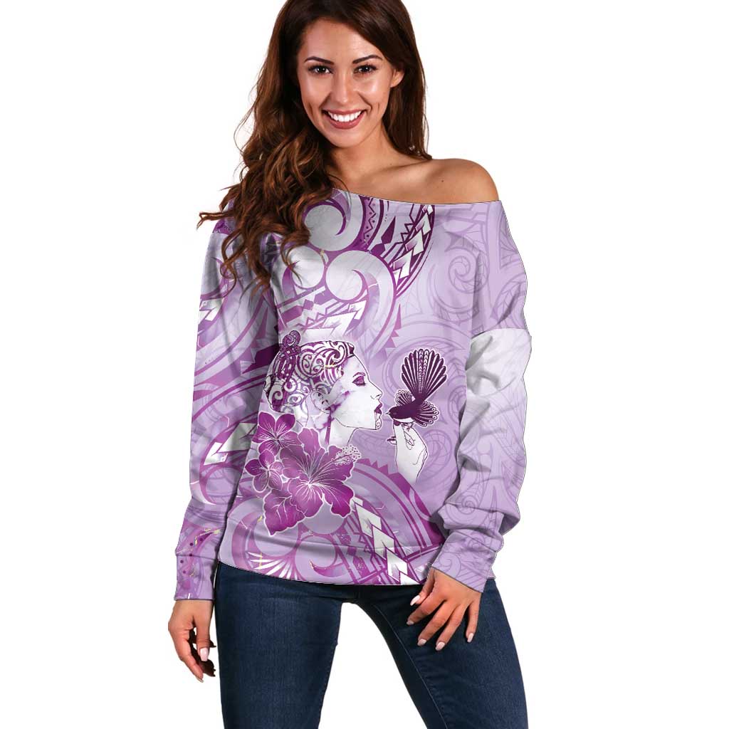 Aotearoa Maori Wahine Off Shoulder Sweater Fantail Bird Purple Gold Marble