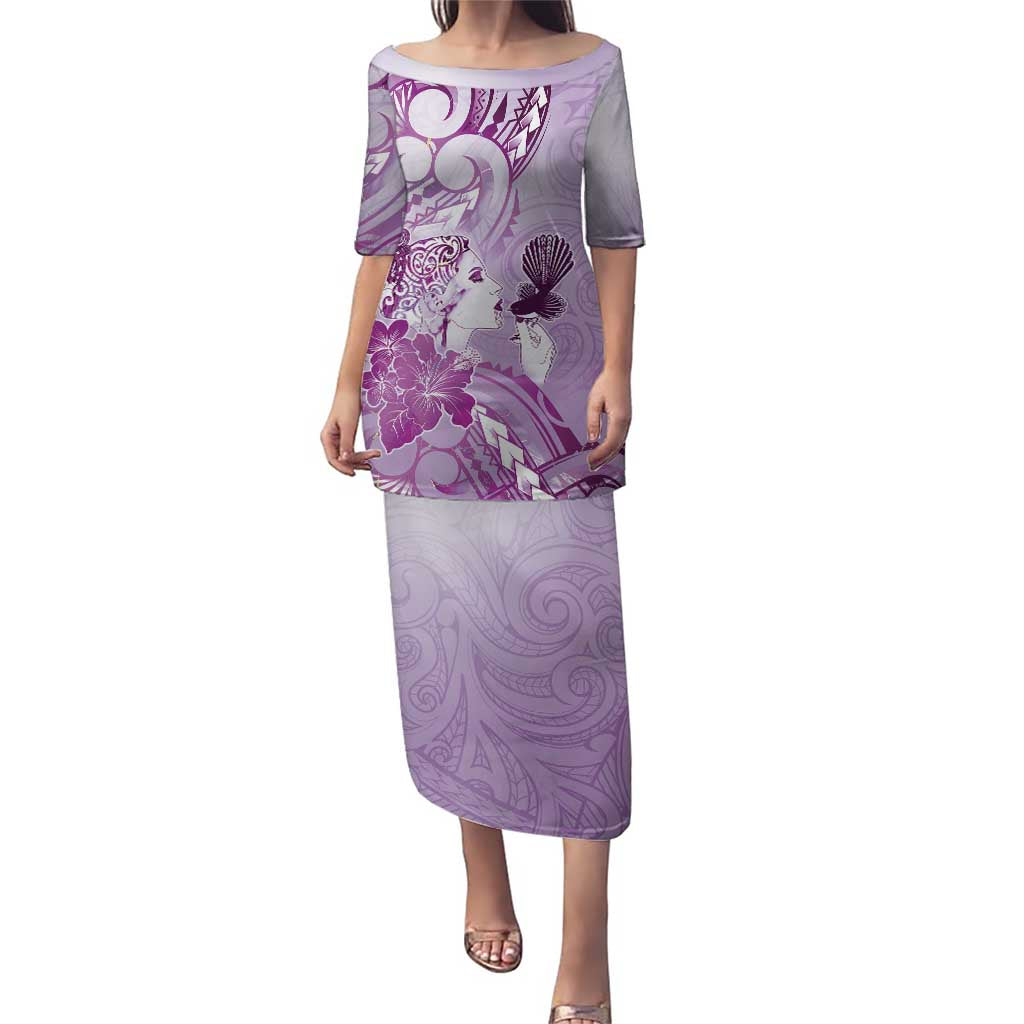Aotearoa Maori Wahine Puletasi Fantail Bird Purple Gold Marble LT05 Long Dress Purple - Polynesian Pride