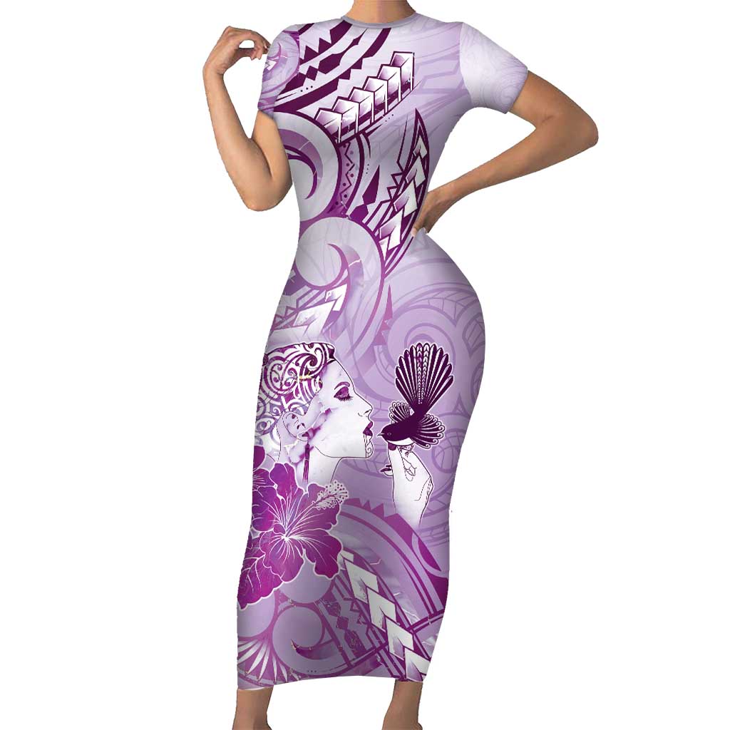 Aotearoa Maori Wahine Short Sleeve Bodycon Dress Fantail Bird Purple Gold Marble