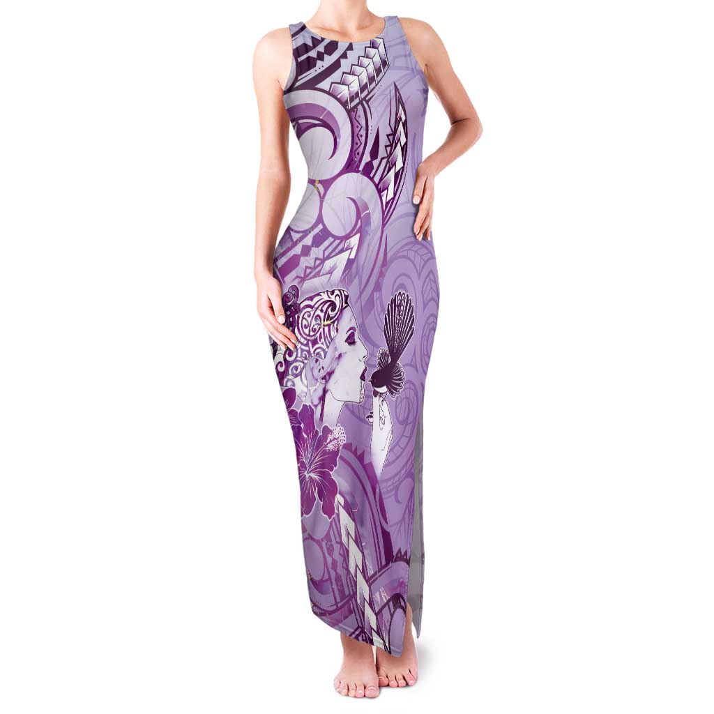 Aotearoa Maori Wahine Tank Maxi Dress Fantail Bird Purple Gold Marble