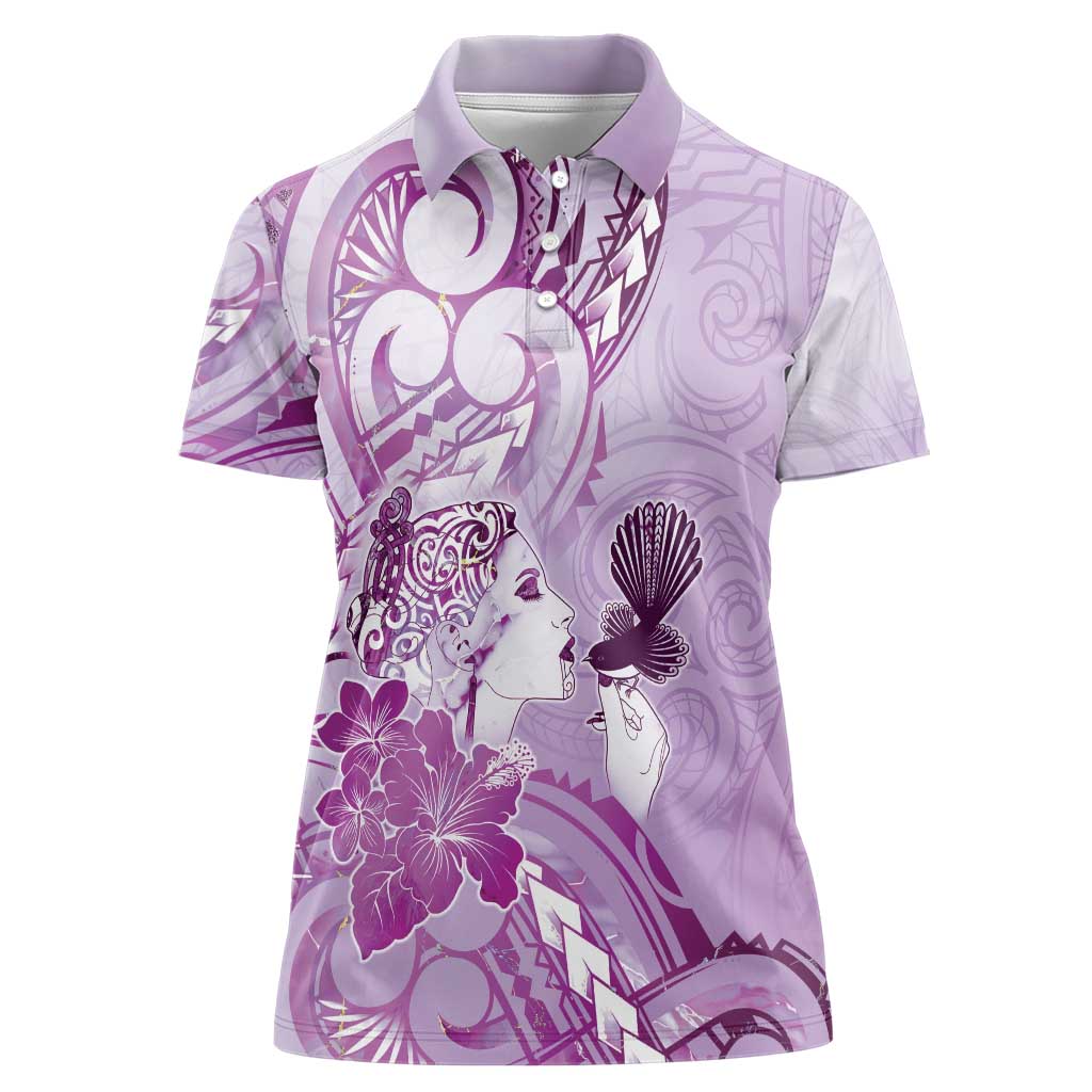 Aotearoa Maori Wahine Women Polo Shirt Fantail Bird Purple Gold Marble