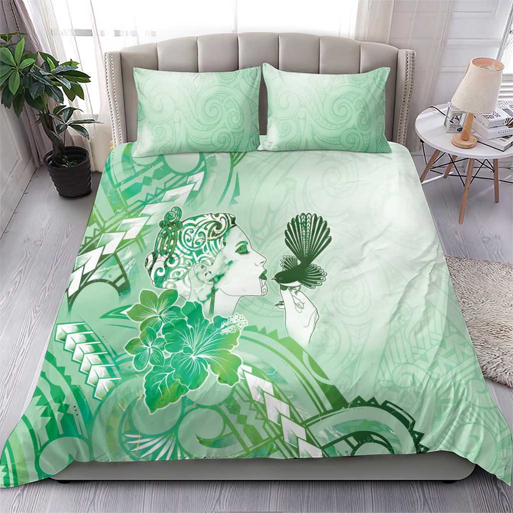 Aotearoa Maori Wahine Bedding Set Fantail Bird Green Gold Marble LT05 - Polynesian Pride