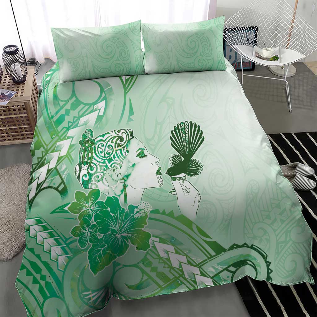 Aotearoa Maori Wahine Bedding Set Fantail Bird Green Gold Marble LT05 - Polynesian Pride
