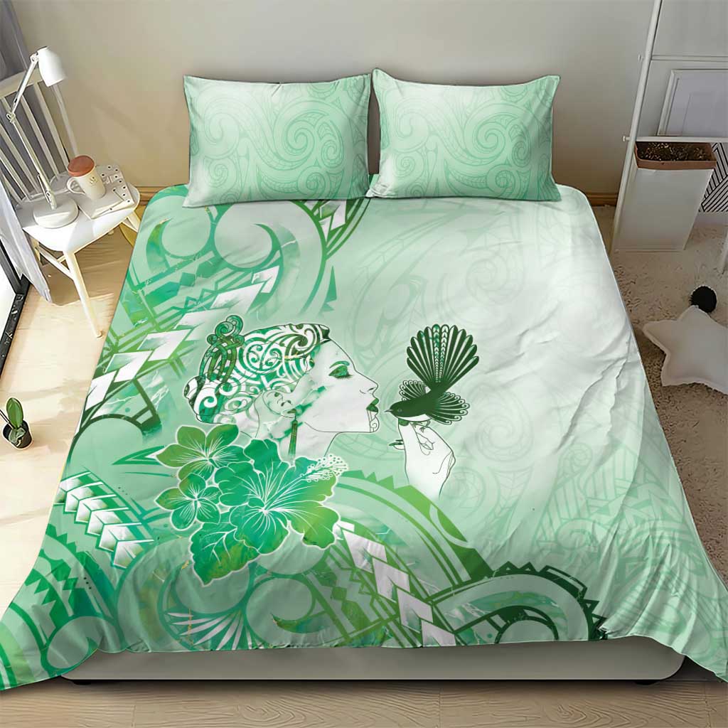 Aotearoa Maori Wahine Bedding Set Fantail Bird Green Gold Marble LT05 - Polynesian Pride