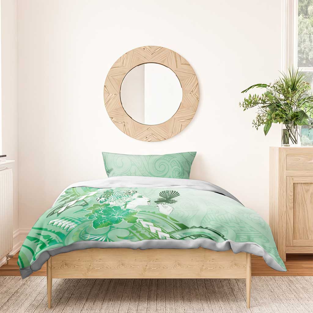 Aotearoa Maori Wahine Bedding Set Fantail Bird Green Gold Marble LT05 - Polynesian Pride