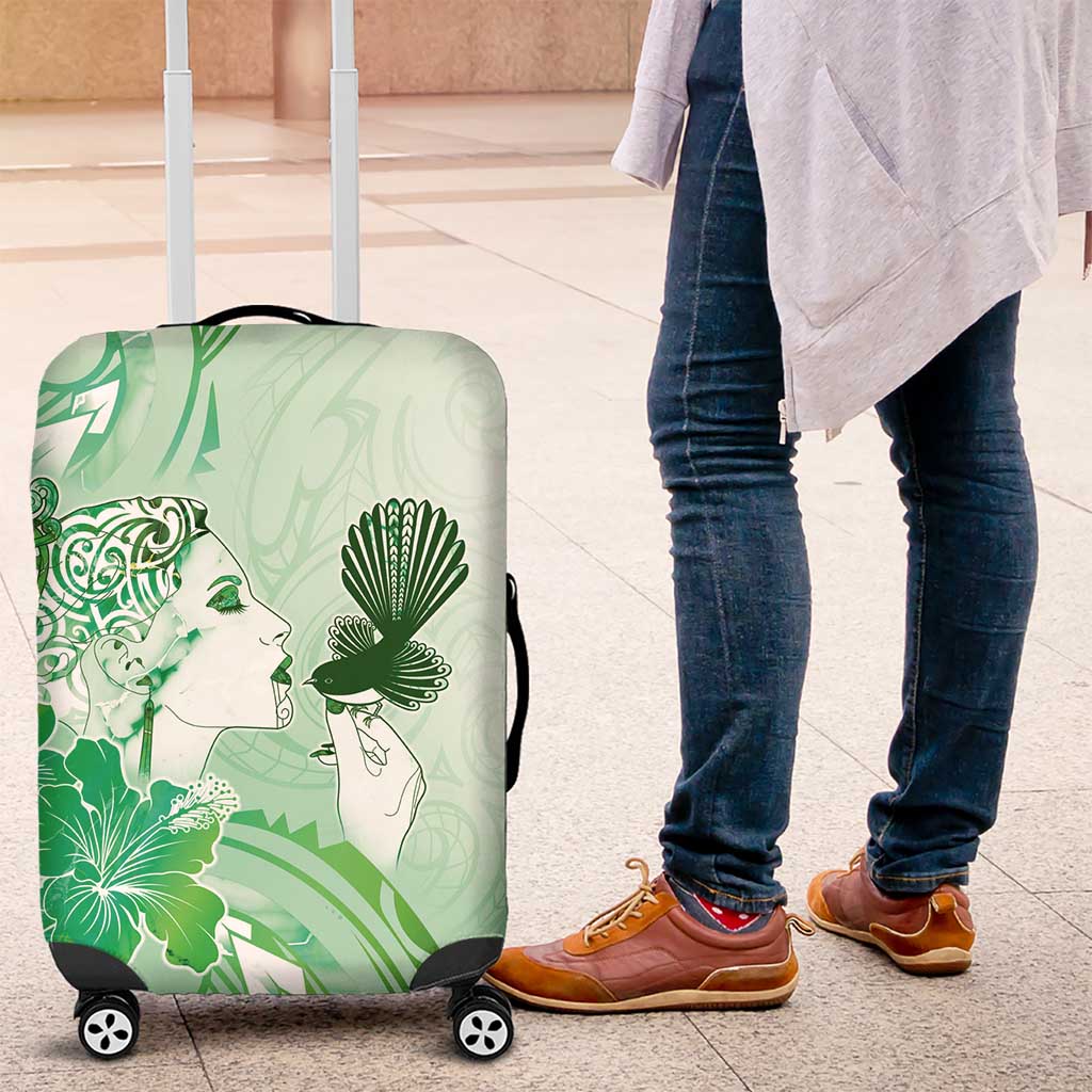 Aotearoa Maori Wahine Luggage Cover Fantail Bird Green Gold Marble