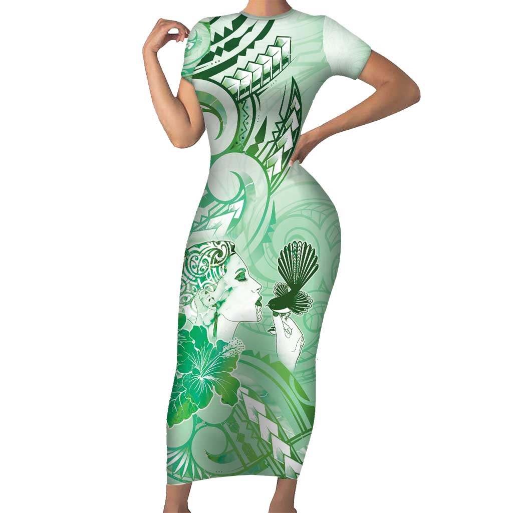 Aotearoa Maori Wahine Short Sleeve Bodycon Dress Fantail Bird Green Gold Marble