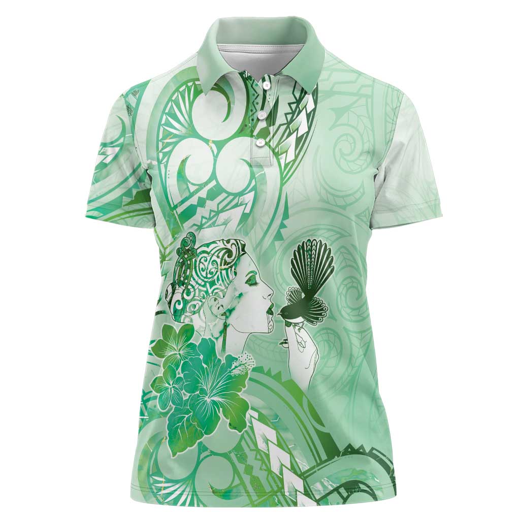 Aotearoa Maori Wahine Women Polo Shirt Fantail Bird Green Gold Marble