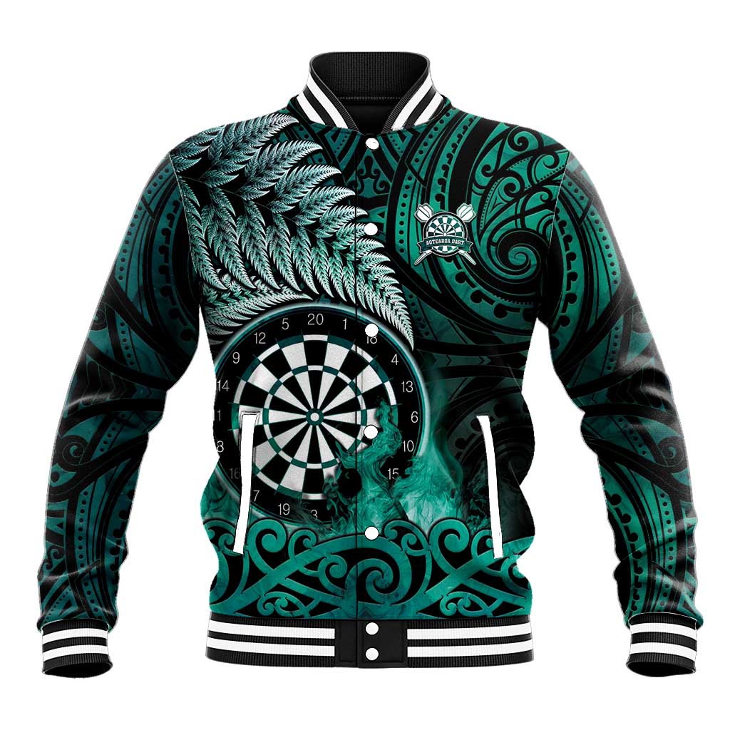 Personalised New Zealand Darts Baseball Jacket Maori Koru Dartboard Turquoise Flame LT05 Unisex Turquoise - Polynesian Pride