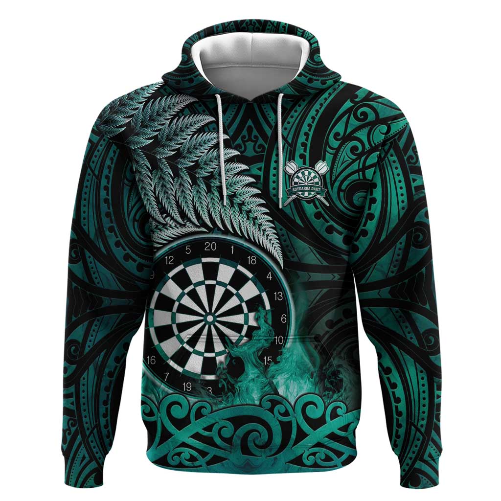 Personalised New Zealand Darts Hoodie Maori Koru Dartboard Turquoise Flame LT05 Pullover Hoodie Turquoise - Polynesian Pride